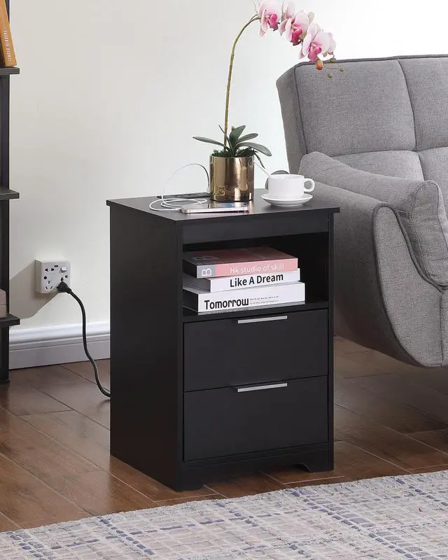 Alt view image 7 of 7 - Nightstand With Charging Station,End Table With 2 Drawers,Wooden End Table With Drawer And Opening Shelf,Side Table For Bedroom, Black