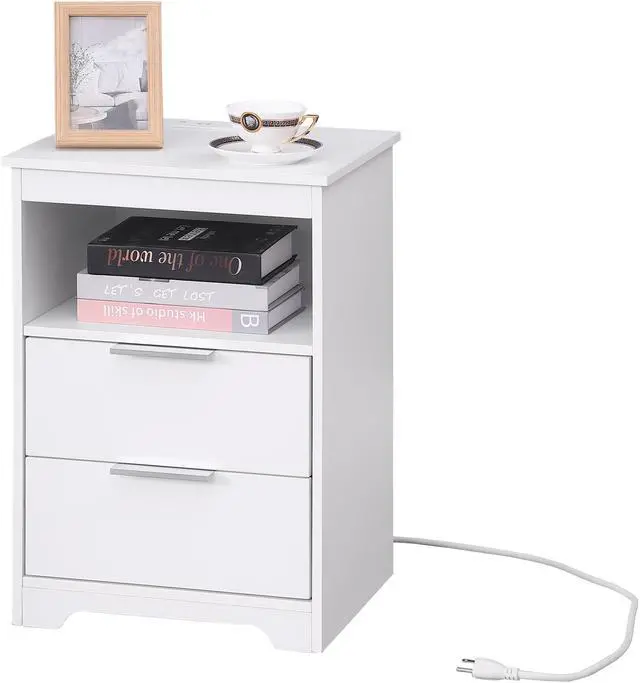 Main image of Nightstand With Charging Station,End Table With 2 Drawers,Wooden End Table With Drawer And Opening Shelf,Side Table For Bedroom, White