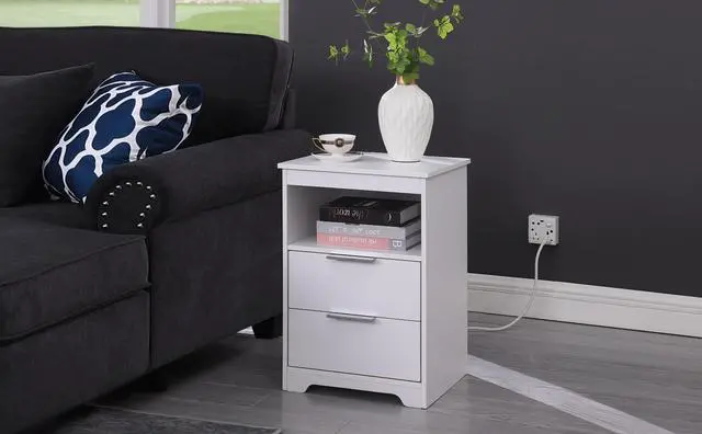 Alt view image 3 of 7 - Nightstand With Charging Station,End Table With 2 Drawers,Wooden End Table With Drawer And Opening Shelf,Side Table For Bedroom, White