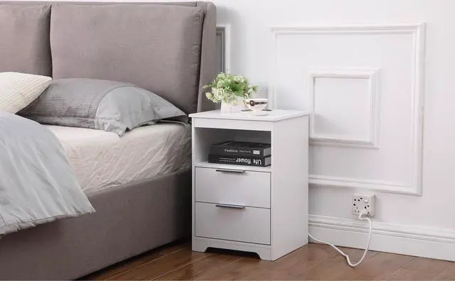 Alt view image 2 of 7 - Nightstand With Charging Station,End Table With 2 Drawers,Wooden End Table With Drawer And Opening Shelf,Side Table For Bedroom, White