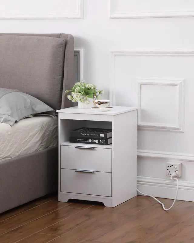 Alt view image 6 of 7 - Nightstand With Charging Station,End Table With 2 Drawers,Wooden End Table With Drawer And Opening Shelf,Side Table For Bedroom, White