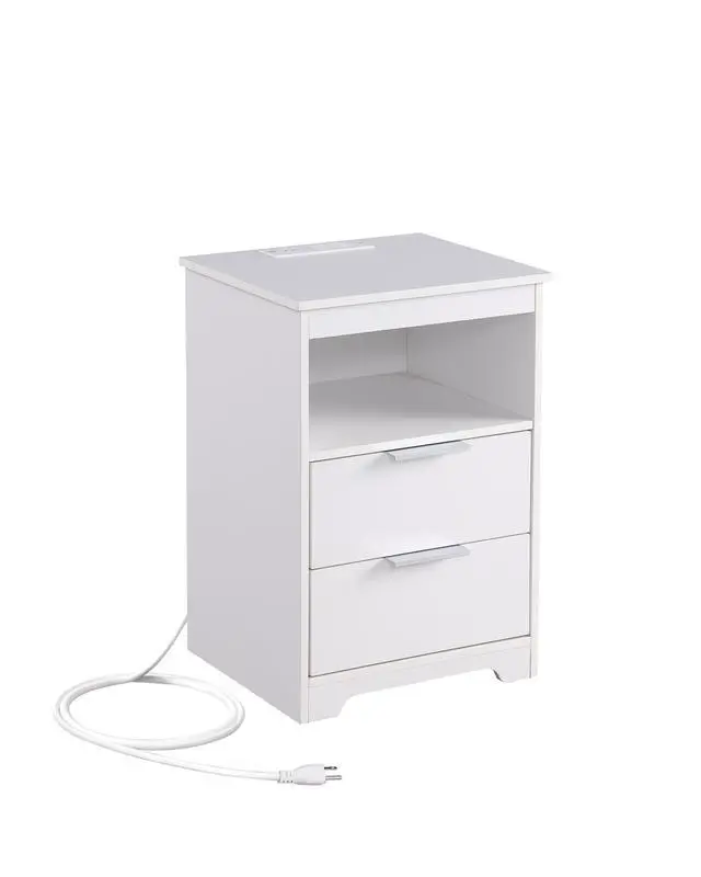 Alt view image 7 of 7 - Nightstand With Charging Station,End Table With 2 Drawers,Wooden End Table With Drawer And Opening Shelf,Side Table For Bedroom, White