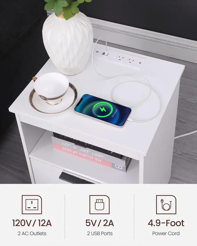 Alt view image 4 of 7 - Nightstand With Charging Station,End Table With 2 Drawers,Wooden End Table With Drawer And Opening Shelf,Side Table For Bedroom, White