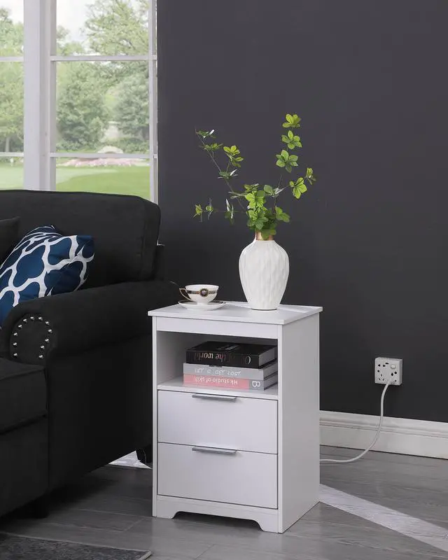 Alt view image 5 of 7 - Nightstand With Charging Station,End Table With 2 Drawers,Wooden End Table With Drawer And Opening Shelf,Side Table For Bedroom, White