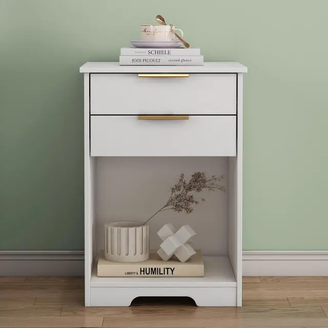 Main image of Nighstand With 2 Drawers,End Table,Nightstand With Open Space,Golden Handle,Morden Design,For Living Room,Bedroom,Easy Assemble,White