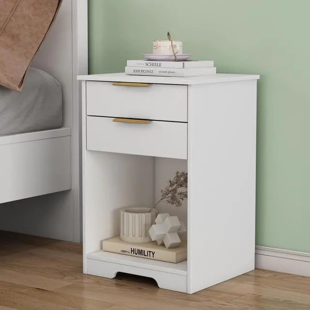 Alt view image 2 of 7 - Nighstand With 2 Drawers,End Table,Nightstand With Open Space,Golden Handle,Morden Design,For Living Room,Bedroom,Easy Assemble,White
