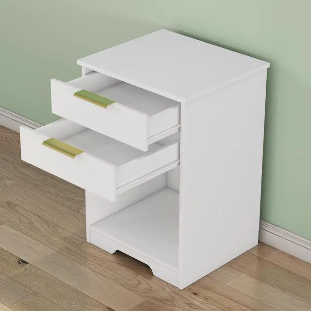 Alt view image 5 of 7 - Nighstand With 2 Drawers,End Table,Nightstand With Open Space,Golden Handle,Morden Design,For Living Room,Bedroom,Easy Assemble,White
