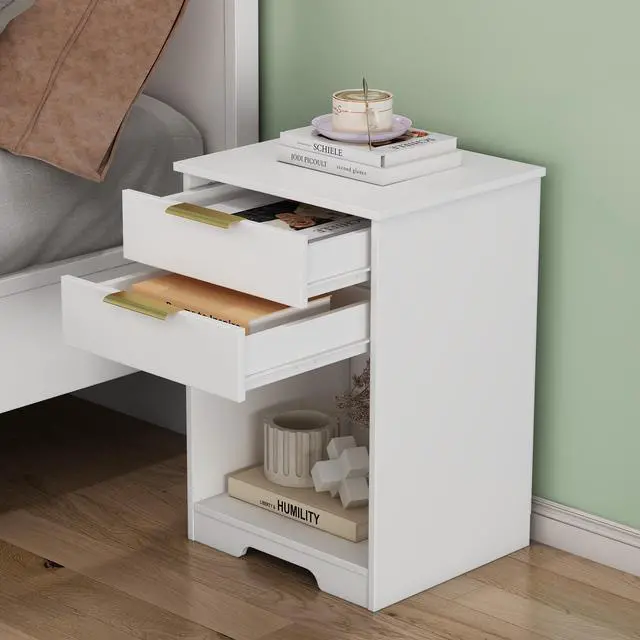 Alt view image 6 of 7 - Nighstand With 2 Drawers,End Table,Nightstand With Open Space,Golden Handle,Morden Design,For Living Room,Bedroom,Easy Assemble,White