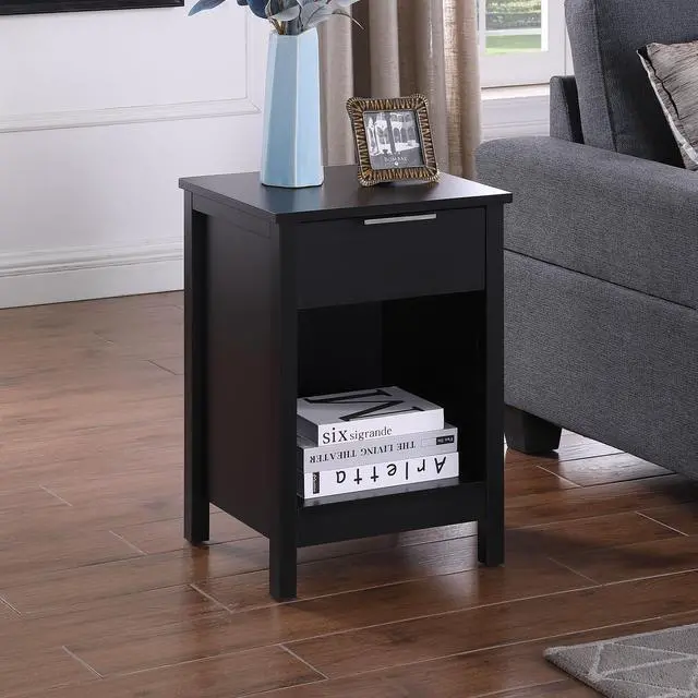 Alt view image 6 of 7 - Nightstand With Drawer,3-Tier End Side Table With Storage Drawer And Shelf,Modern Bedside Night Stand For Bedroom, Living Room-Retro Black
