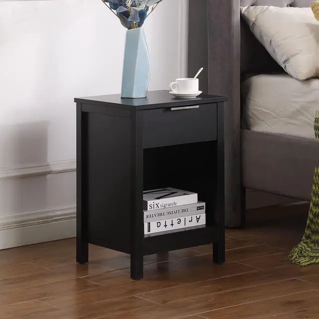Alt view image 2 of 7 - Nightstand With Drawer,3-Tier End Side Table With Storage Drawer And Shelf,Modern Bedside Night Stand For Bedroom, Living Room-Retro Black