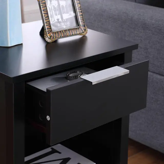 Alt view image 7 of 7 - Nightstand With Drawer,3-Tier End Side Table With Storage Drawer And Shelf,Modern Bedside Night Stand For Bedroom, Living Room-Retro Black