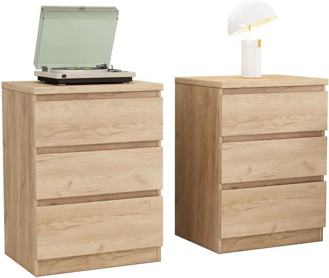 Alt view image 2 of 3 - 19.7-Inch Natural Nightstand With 3 Drawers,Set Of 2,Beside Table With Drawers Handle Free Design,Thickened Top Plate,Small Side Table Storage Cabinet 3 Drawer Night Stand For Bedroom,Living Room