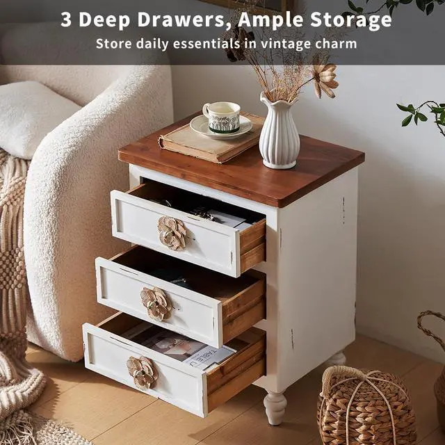 Alt view image 2 of 7 - Vintage Farmhouse End Table With Floral Knobs 19" Rustic Nightstand With 3 Drawers & Gourd Legs,Bedside Or Sofa Accent Table, Almost Fully Assembled, Distressed White