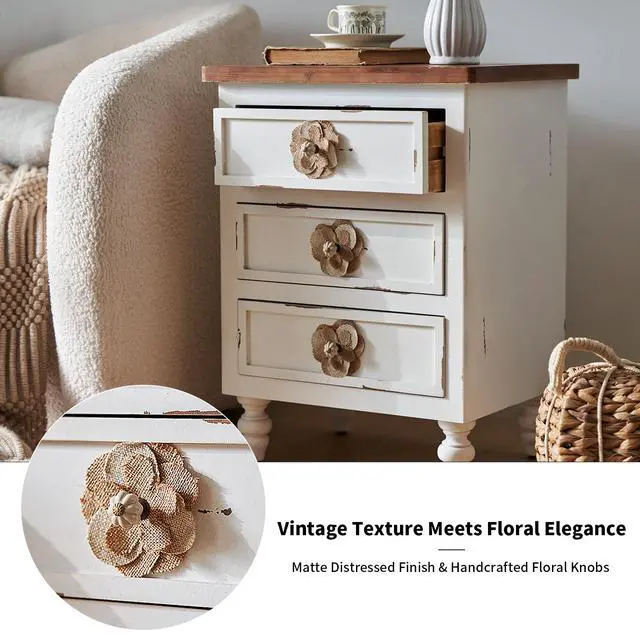 Alt view image 3 of 7 - Vintage Farmhouse End Table With Floral Knobs 19" Rustic Nightstand With 3 Drawers & Gourd Legs,Bedside Or Sofa Accent Table, Almost Fully Assembled, Distressed White
