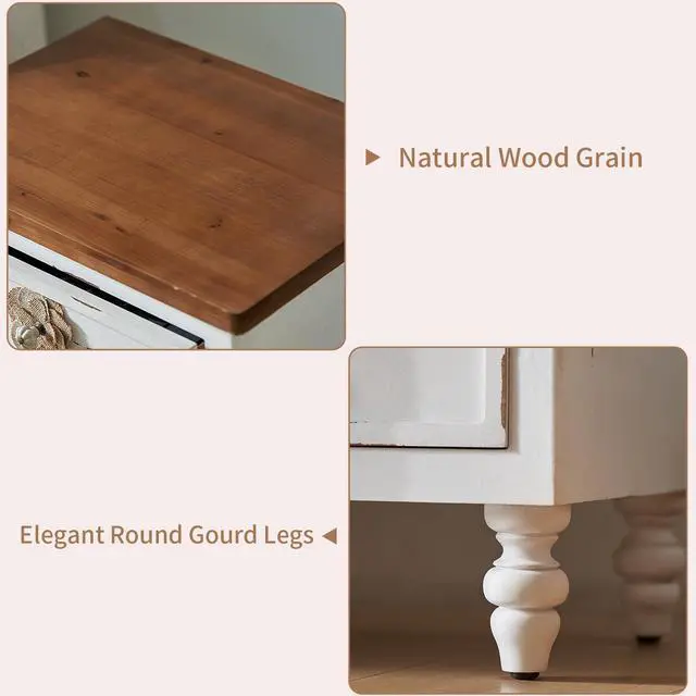 Alt view image 4 of 7 - Vintage Farmhouse End Table With Floral Knobs 19" Rustic Nightstand With 3 Drawers & Gourd Legs,Bedside Or Sofa Accent Table, Almost Fully Assembled, Distressed White
