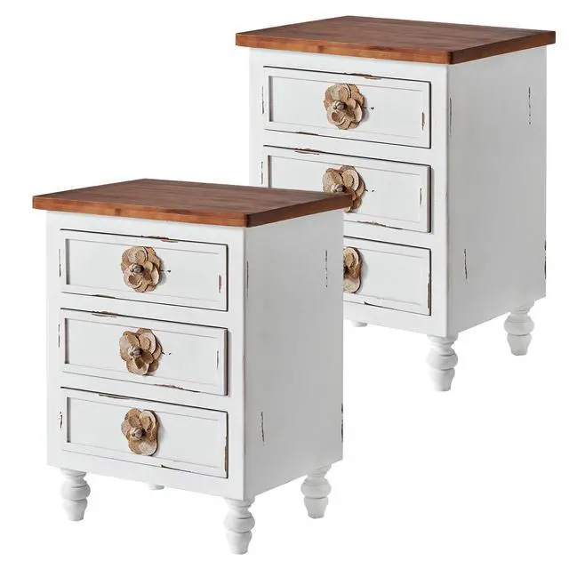 Alt view image 7 of 7 - Vintage Farmhouse End Table With Floral Knobs 19" Rustic Nightstand With 3 Drawers & Gourd Legs,Bedside Or Sofa Accent Table, Almost Fully Assembled, Distressed White
