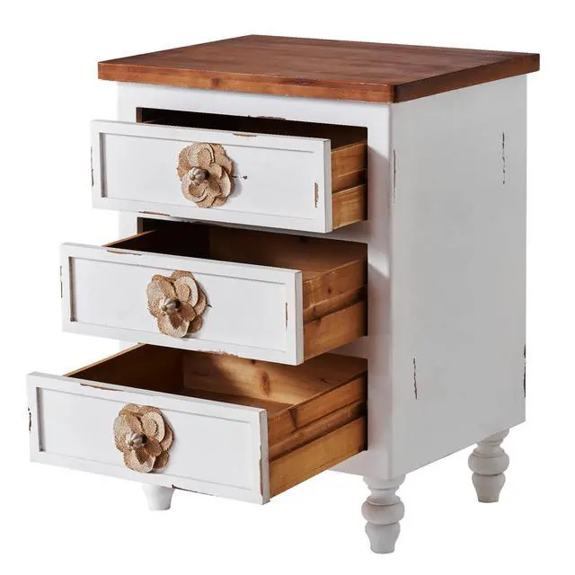 Alt view image 6 of 7 - Vintage Farmhouse End Table With Floral Knobs 19" Rustic Nightstand With 3 Drawers & Gourd Legs,Bedside Or Sofa Accent Table, Almost Fully Assembled, Distressed White