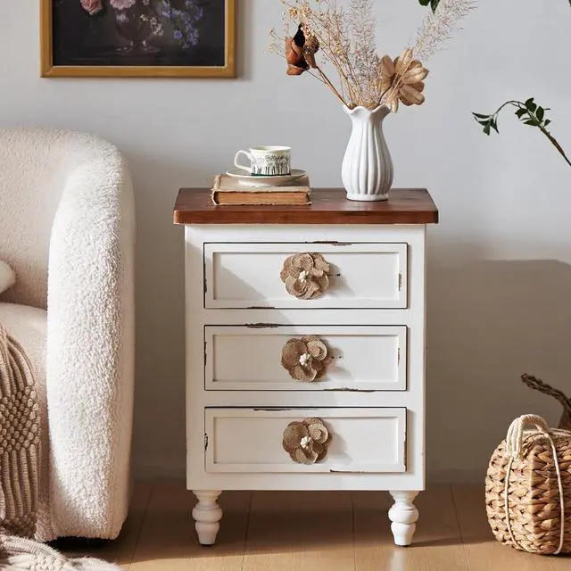 Alt view image 5 of 7 - Vintage Farmhouse End Table With Floral Knobs 19" Rustic Nightstand With 3 Drawers & Gourd Legs,Bedside Or Sofa Accent Table, Almost Fully Assembled, Distressed White