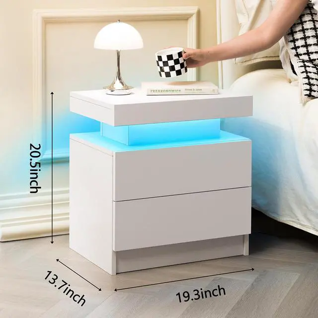 Alt view image 2 of 5 - Led Nightstands Set Of 2, Bedside Table Cabinet Lights Modern End Side With 2 Drawers For Bedroom (White)