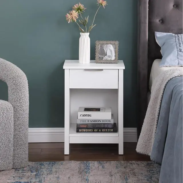 Alt view image 3 of 7 - Nightstand With Drawer,3-Tier End Side Table With Storage Drawer And Shelf,Modern Bedside Night Stand For Bedroom, Living Room-Retro White