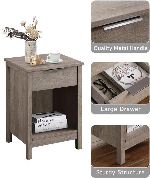 Alt view image 4 of 7 - Nightstand With Drawer,End Table With Drawer And Open Shelf,Easy Assemble,Sturdy Side Frames,Metal Handle,Night Stand For Bedroom, Side Table For Livingroom,Rustic Grey