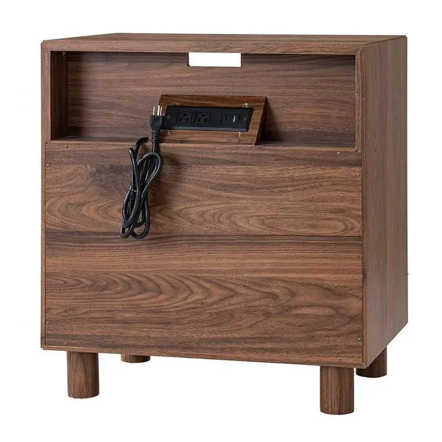 Alt view image 5 of 7 - 26" Tall Modern Nightstand With Charging Station, 23.75'' Wide Wood Bedside Table W/2 Storage Drawers, Large Mid Century End Table For Bedroom, Living Room, Curve Mirror Design