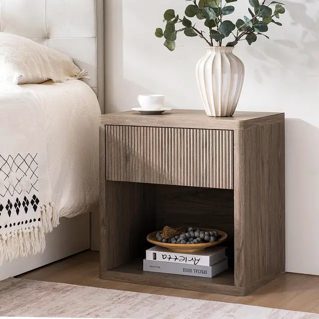 Main image of Night Stand Nightstand With Drawer Storage Fluted Bed Side Table End Table Large Modern Wide Bedside Stand Mid Century Night Stands For Bedroom Living Room Sofa Couch Home Office, Grey Alder