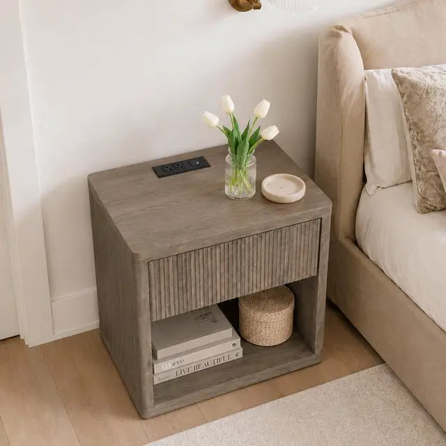 Main image of Night Stand Nightstand With Drawer Storage Fluted Bed Side Table End Table Large Modern Wide Bedside Stand Mid Century Night Stands For Bedroom Living Room Sofa Couch Home Office, Grey Alder