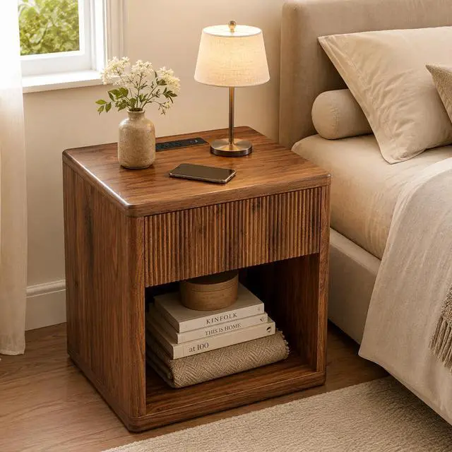 Alt view image 2 of 7 - Night Stand Nightstand With Drawer Storage Fluted Bed Side Table End Table Large Modern Wide Bedside Stand Mid Century Night Stands For Bedroom Living Room Sofa Couch Home Office