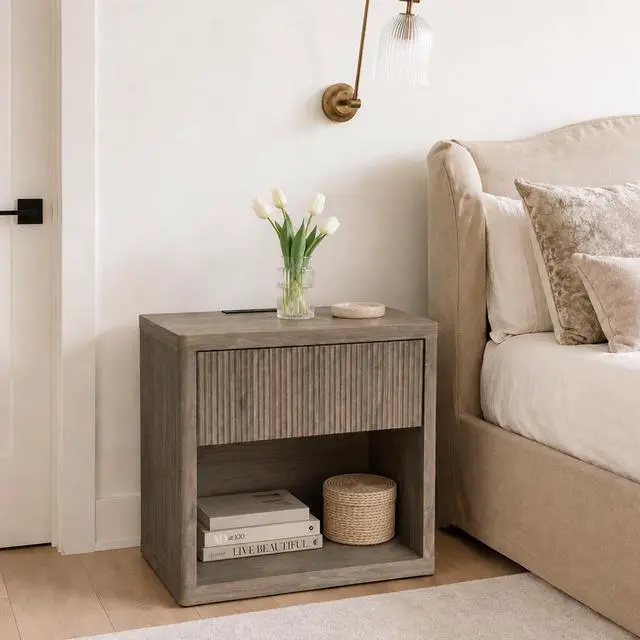 Alt view image 3 of 7 - Night Stand Nightstand With Drawer Storage Fluted Bed Side Table End Table Large Modern Wide Bedside Stand Mid Century Night Stands For Bedroom Living Room Sofa Couch Home Office, Grey Alder