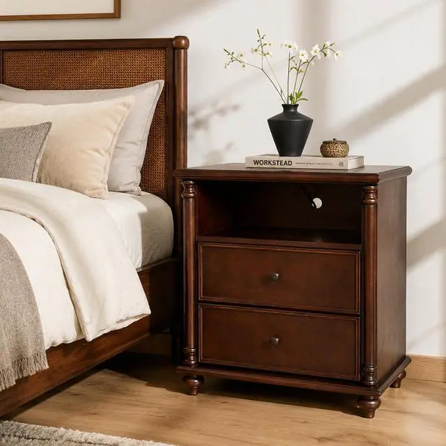 Alt view image 2 of 7 - 28"Nightstand With Charging Station, Rustic Brown Nightstand, 2 Drawers End Table, Bedside Table Walnut For Bedroom