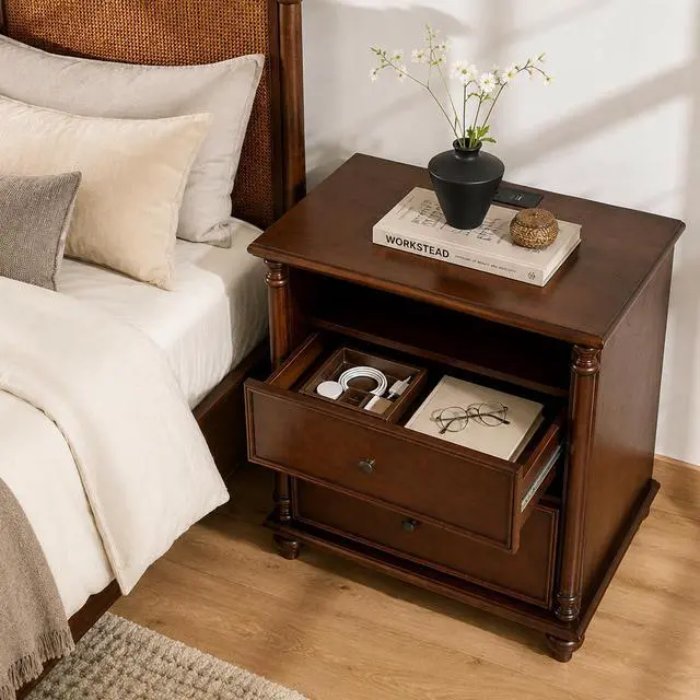 Alt view image 3 of 7 - 28"Nightstand With Charging Station, Rustic Brown Nightstand, 2 Drawers End Table, Bedside Table Walnut For Bedroom