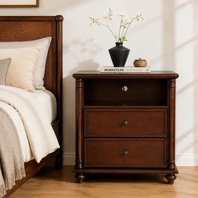Main image of 28"Nightstand With Charging Station, Rustic Brown Nightstand, 2 Drawers End Table, Bedside Table Walnut For Bedroom