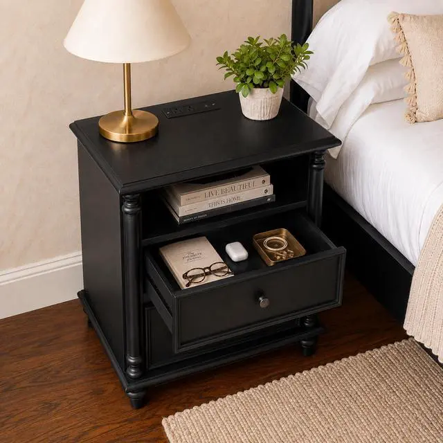 Alt view image 3 of 5 - 28"Nightstand With Charging Station, Black Nightstand With Solid Wood Legs, 2 Drawers End Table, Bedside Table For Bedroom