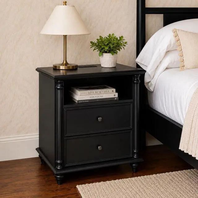 Alt view image 2 of 5 - 28"Nightstand With Charging Station, Black Nightstand With Solid Wood Legs, 2 Drawers End Table, Bedside Table For Bedroom