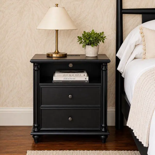 Main image of 28"Nightstand With Charging Station, Black Nightstand With Solid Wood Legs, 2 Drawers End Table, Bedside Table For Bedroom