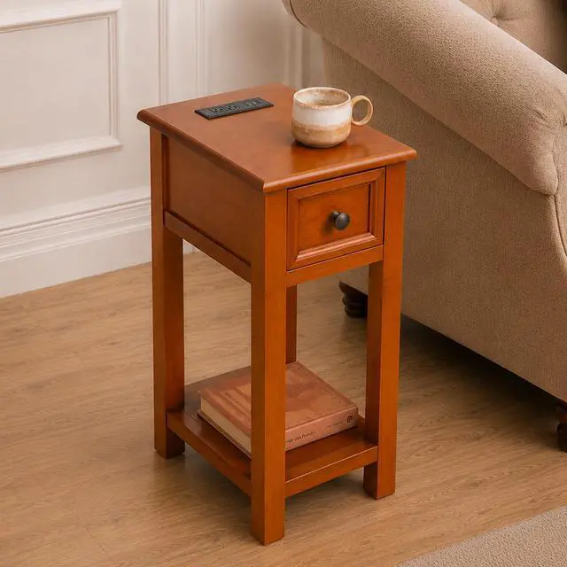 Main image of End Table With Drawer And Shelf, Mission-Style, Veneers And Wood Construction Walnut Color For Living Room And Bedroom