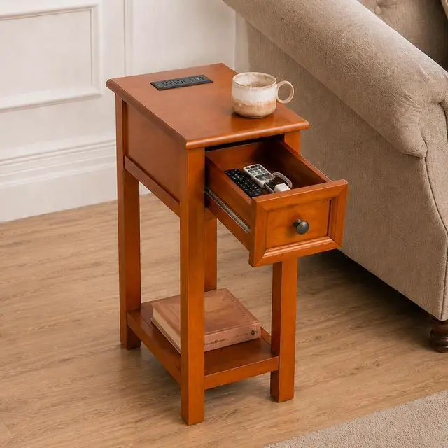 Alt view image 2 of 7 - End Table With Drawer And Shelf, Mission-Style, Veneers And Wood Construction Walnut Color For Living Room And Bedroom