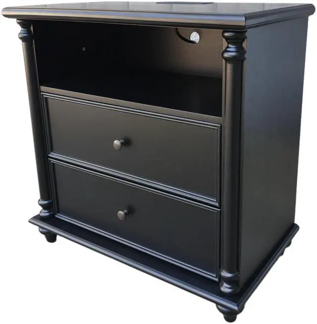 Alt view image 5 of 5 - 28"Nightstand With Charging Station, Black Nightstand With Solid Wood Legs, 2 Drawers End Table, Bedside Table For Bedroom