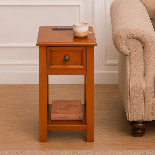 Alt view image 3 of 7 - End Table With Drawer And Shelf, Mission-Style, Veneers And Wood Construction Walnut Color For Living Room And Bedroom