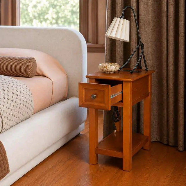 Alt view image 6 of 7 - End Table With Drawer And Shelf, Mission-Style, Veneers And Wood Construction Walnut Color For Living Room And Bedroom