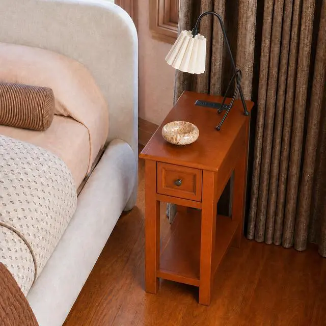 Alt view image 5 of 7 - End Table With Drawer And Shelf, Mission-Style, Veneers And Wood Construction Walnut Color For Living Room And Bedroom