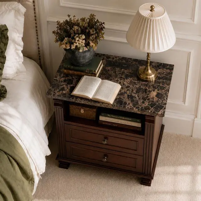 Alt view image 2 of 7 - Tall Modern Nightstand With Charging Station, 18.1'' Length Walnut Color Bedside Table Storage Drawers, Marble Grain Paper Large Mid End Table For Bedroom, Living Room