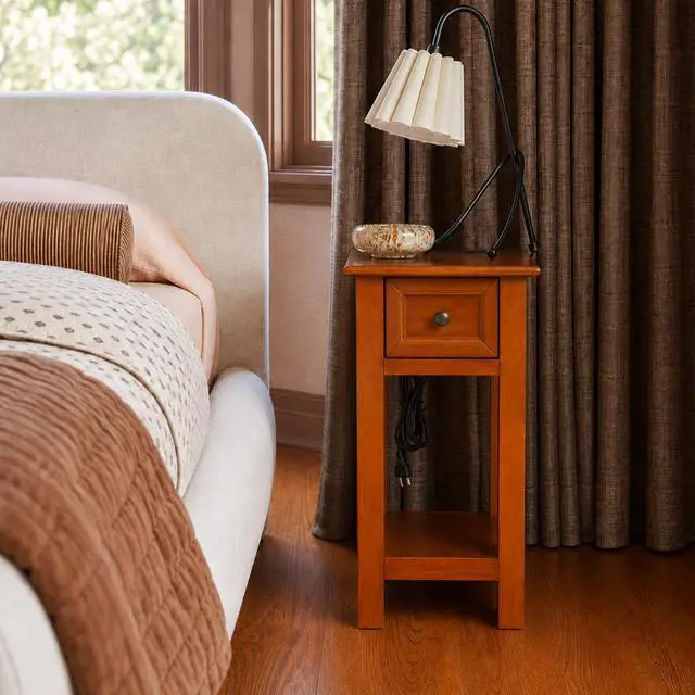 Alt view image 4 of 7 - End Table With Drawer And Shelf, Mission-Style, Veneers And Wood Construction Walnut Color For Living Room And Bedroom
