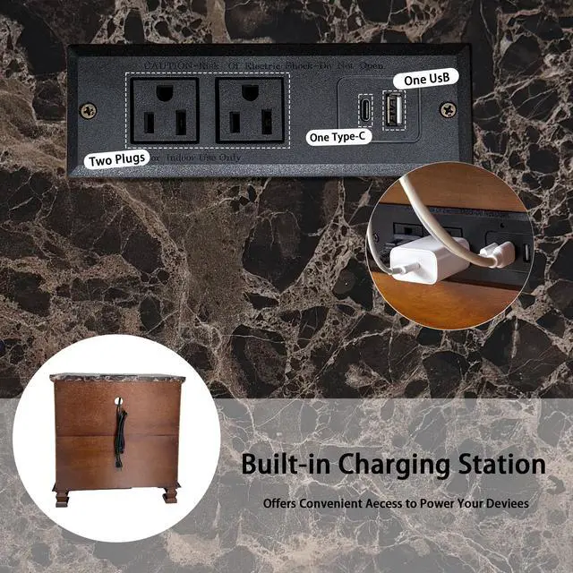 Alt view image 4 of 7 - Tall Modern Nightstand With Charging Station, 18.1'' Length Walnut Color Bedside Table Storage Drawers, Marble Grain Paper Large Mid End Table For Bedroom, Living Room