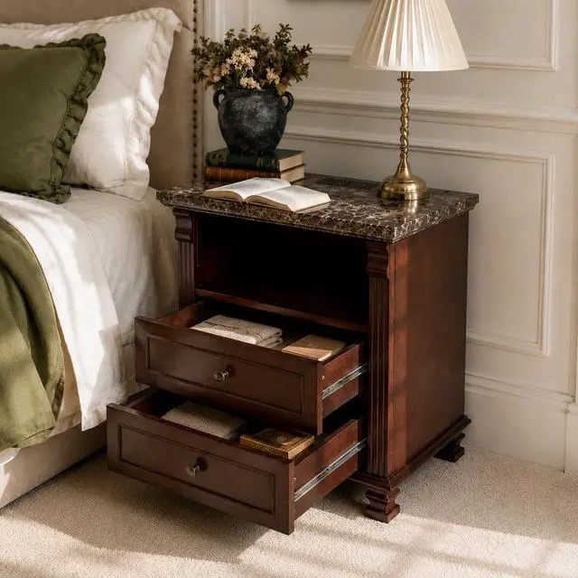 Alt view image 3 of 7 - Tall Modern Nightstand With Charging Station, 18.1'' Length Walnut Color Bedside Table Storage Drawers, Marble Grain Paper Large Mid End Table For Bedroom, Living Room