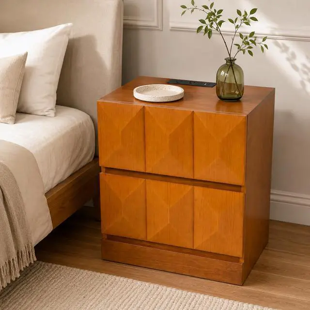 Alt view image 2 of 7 - Tall Modern Nightstand With Charging Station, 21.65'' Wide Wood Bedside Table Storage Drawers, Large Mid Natural Wood Color End Table For Bedroom, Living Room