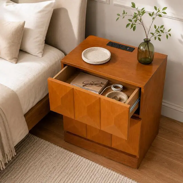 Alt view image 3 of 7 - Tall Modern Nightstand With Charging Station, 21.65'' Wide Wood Bedside Table Storage Drawers, Large Mid Natural Wood Color End Table For Bedroom, Living Room
