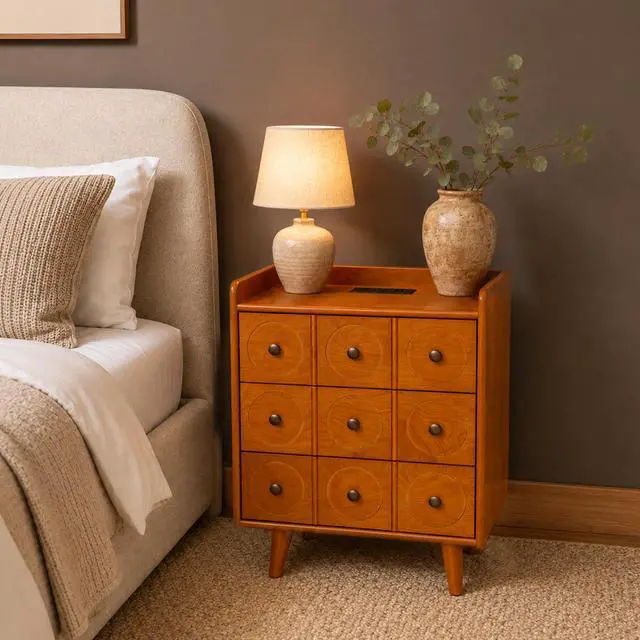 Alt view image 2 of 7 - 3-Drawer End Table With Top Charging Station, 21.65'' Length With Outlets And Usb Ports,Solid Wood Legs, Large Mid Natural Wood Color End Table For Bedroom, Living Room