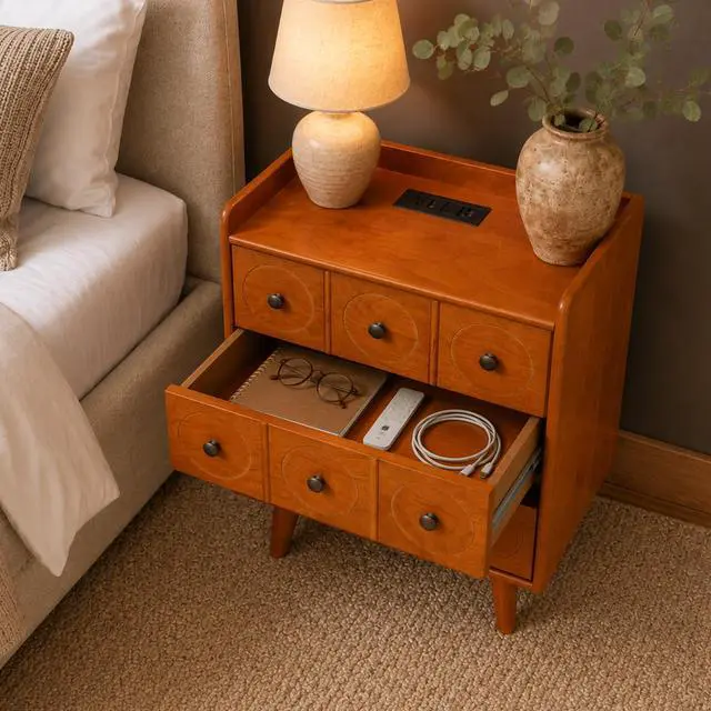 Alt view image 3 of 7 - 3-Drawer End Table With Top Charging Station, 21.65'' Length With Outlets And Usb Ports,Solid Wood Legs, Large Mid Natural Wood Color End Table For Bedroom, Living Room